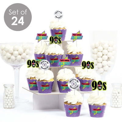 90's Throwback - Cupcake Decorations - 1990s Party Cupcake Wrappers and Treat Picks Kit - Set of 24