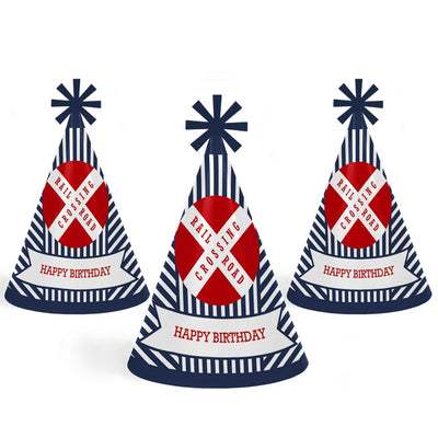 Railroad Party Crossing - Steam Train Cone Happy Birthday Party Hats for Kids and Adults - Set of 8 (Standard Size)