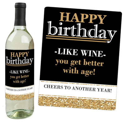 Adult Happy Birthday - Gold - Decorations for Women and Men - Wine Bottle Label Birthday Party Gift - Set of 4