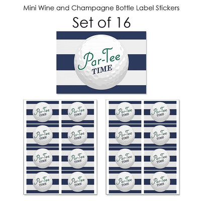 Par-Tee Time - Golf - Mini Wine and Champagne Bottle Label Stickers - Birthday or Retirement Party Favor Gift for Women and Men - Set of 16