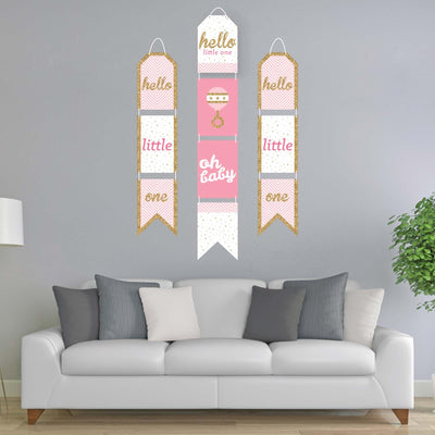 Hello Little One - Pink and Gold - Hanging Vertical Paper Door Banners - Girl Baby Shower Wall Decoration Kit - Indoor Door Decor