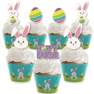 Hippity Hoppity - Cupcake Decoration - Easter Bunny Party Cupcake Wrappers and Treat Picks Kit - Set of 24