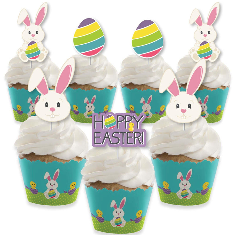 Hippity Hoppity - Cupcake Decoration - Easter Bunny Party Cupcake Wrappers and Treat Picks Kit - Set of 24