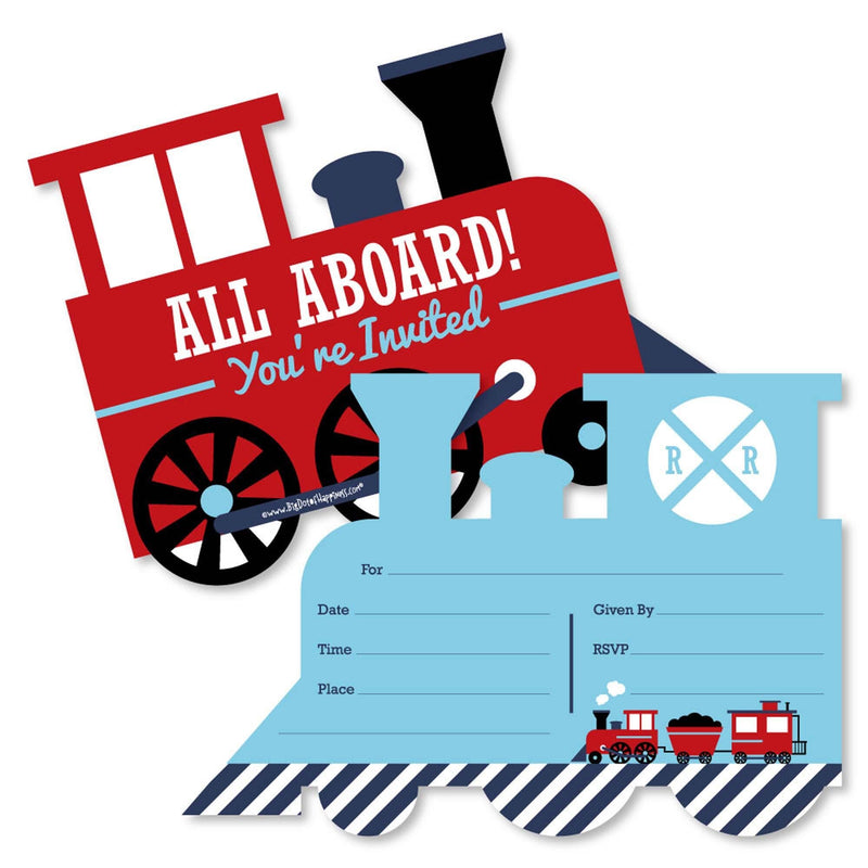 Railroad Party Crossing - Shaped Fill-In Invitations - Steam Train Birthday Party or Baby Shower Invitation Cards with Envelopes - Set of 12