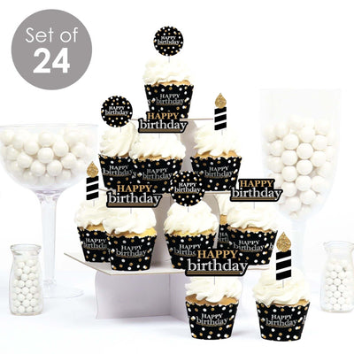 Adult Happy Birthday - Gold - Cupcake Decoration - Birthday Party Cupcake Wrappers and Treat Picks Kit - Set of 24