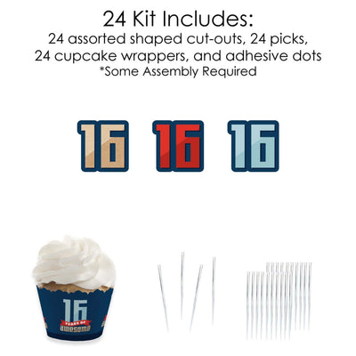 Boy 16th Birthday - Cupcake Decoration - Sweet Sixteen Birthday Party Cupcake Wrappers and Treat Picks Kit - Set of 24