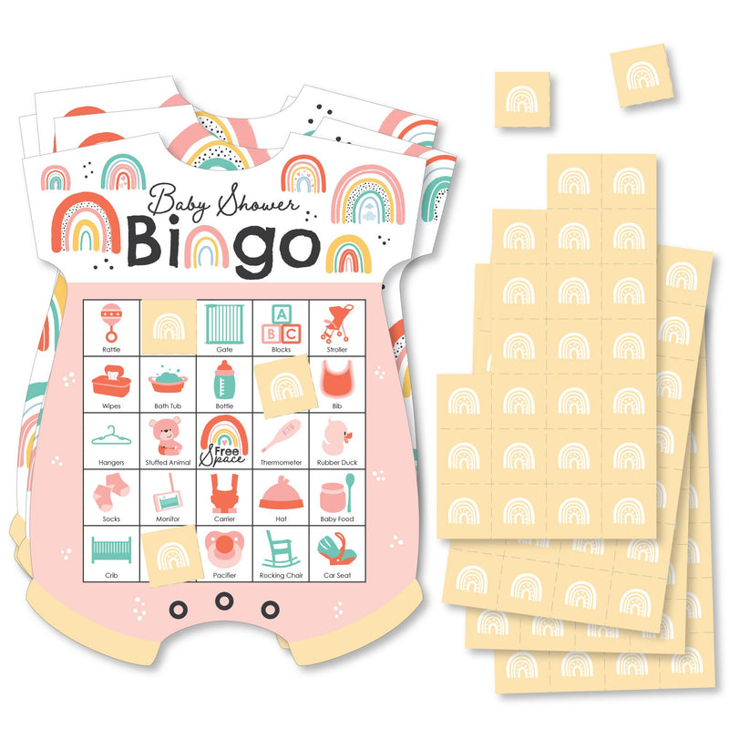 Hello Rainbow - Picture Bingo Cards and Markers - Boho Baby Shower Shaped Bingo Game - Set of 18
