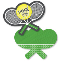 A graphic image of a tennis racquet-shaped thank you card with the text 'THANK YOU' on a tennis ball at the top, and a green court background. The image is designed for representing a thank you note card for a tennis-themed party.
