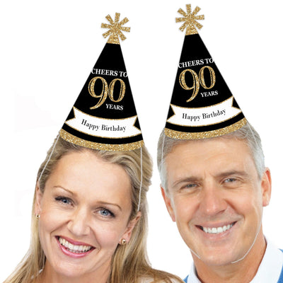 Adult 90th Birthday - Gold - Cone Birthday Party Hats for Adults - Set of 8 (Standard Size)