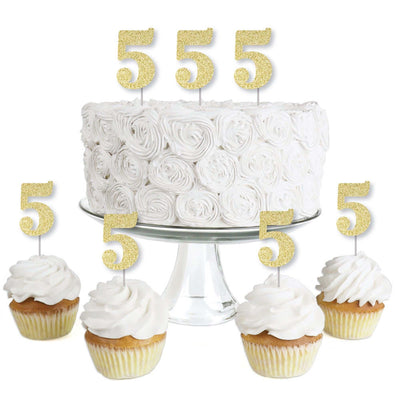 Gold Glitter 5 - No-Mess Real Gold Glitter Dessert Cupcake Toppers - 5th Birthday Party Clear Treat Picks - Set of 24