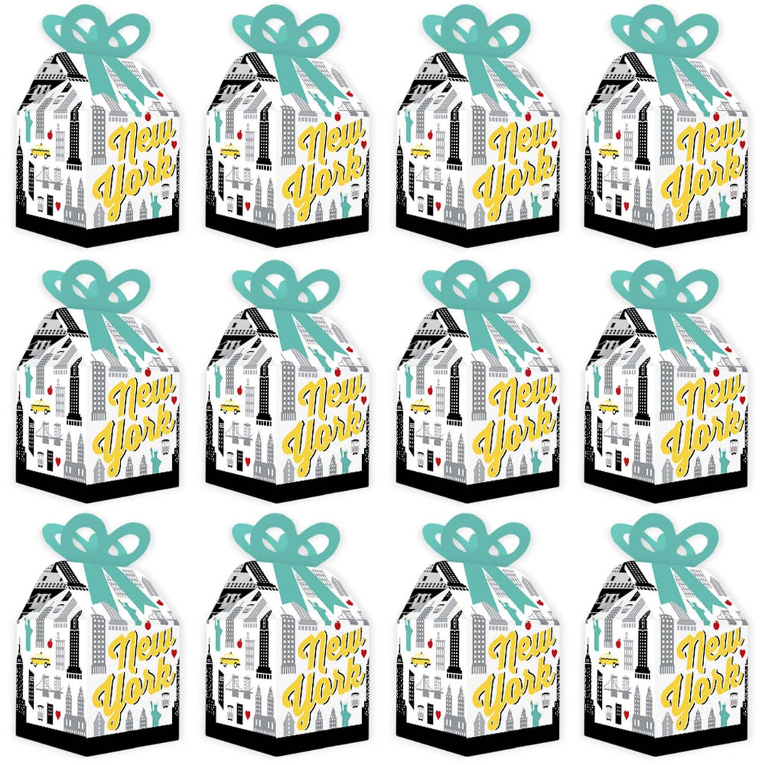NYC Cityscape - Square Favor Gift Boxes - New York City Party Bow Boxes - Set of 12