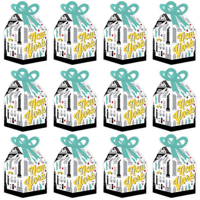 NYC Cityscape - Square Favor Gift Boxes - New York City Party Bow Boxes - Set of 12