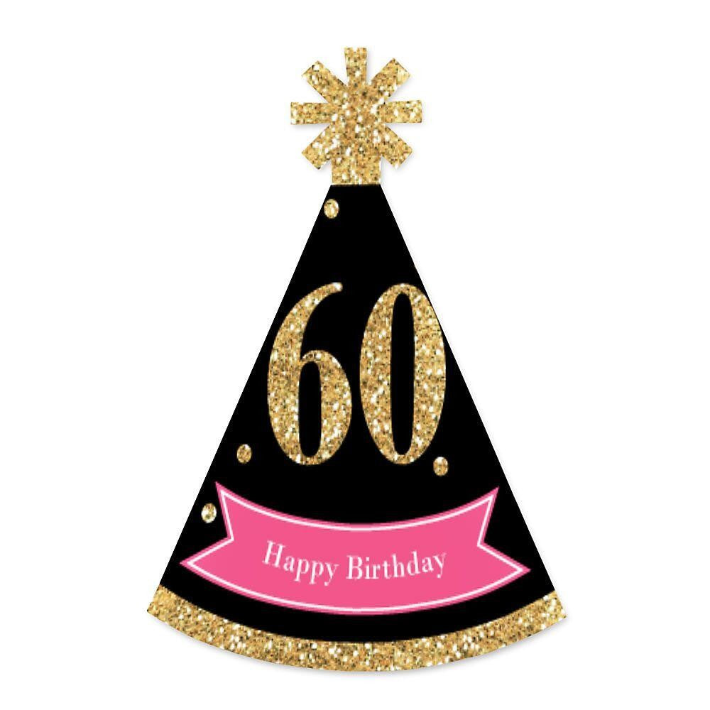 Chic 60th Birthday - Pink, Black and Gold - Mini Cone Birthday Party Hats - Small Little Party Hats - Set of 8