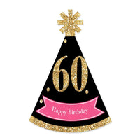 Chic 60th Birthday - Pink, Black and Gold - Mini Cone Birthday Party Hats - Small Little Party Hats - Set of 8