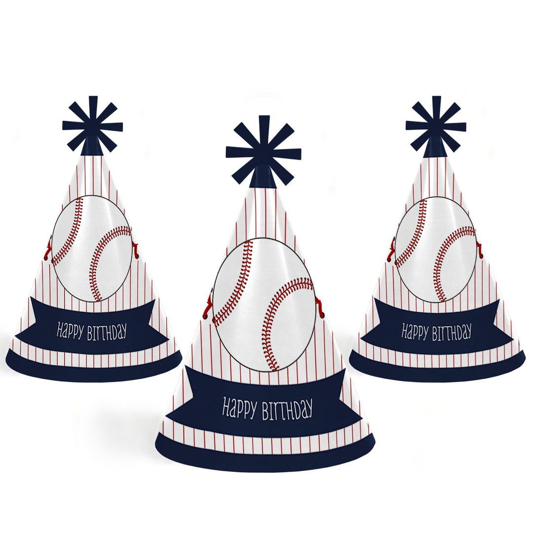 Batter Up - Baseball - Cone Happy Birthday Party Hats for Kids and Adults - Set of 8 (Standard Size)