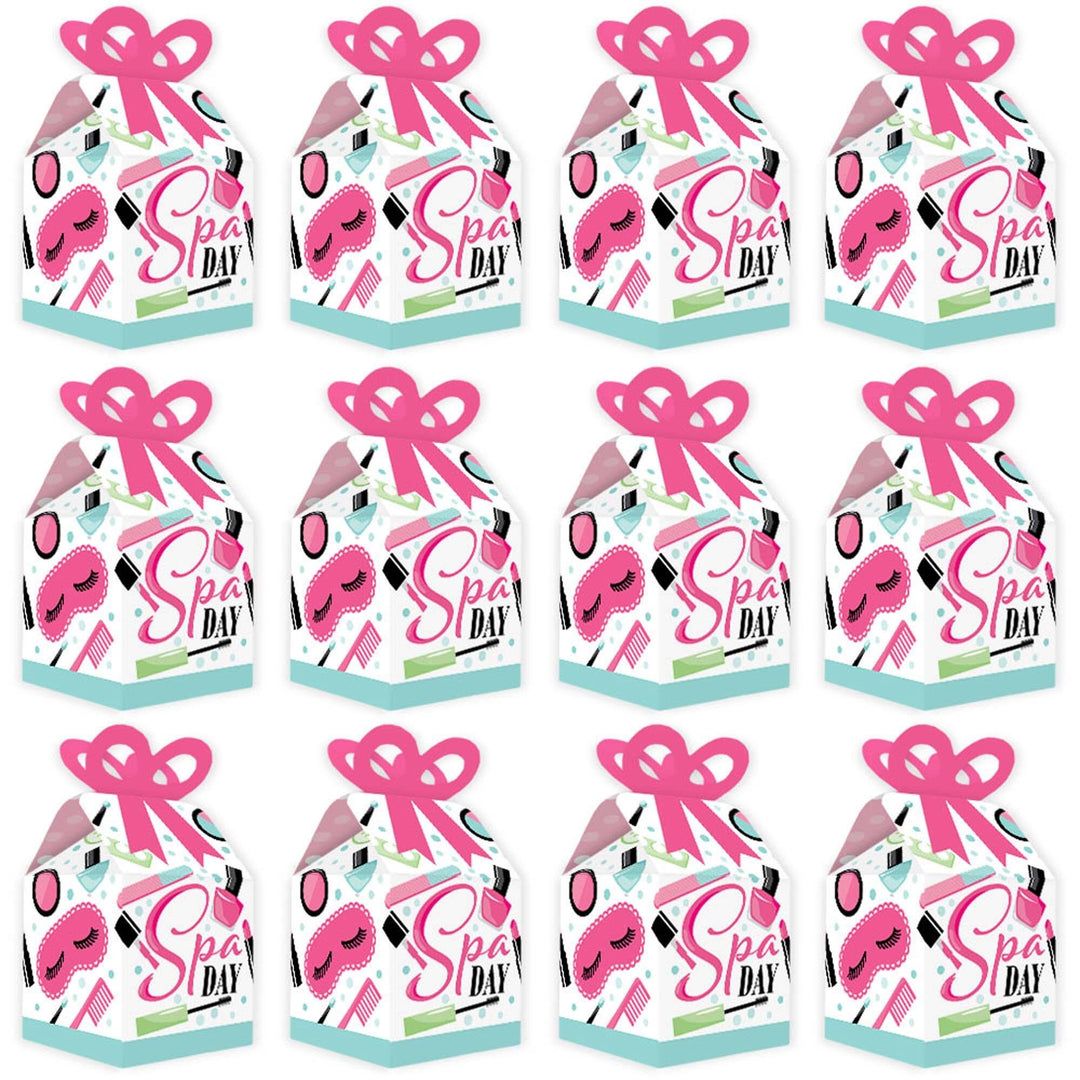 Spa Day - Square Favor Gift Boxes - Girls Makeup Party Bow Boxes - Set of 12