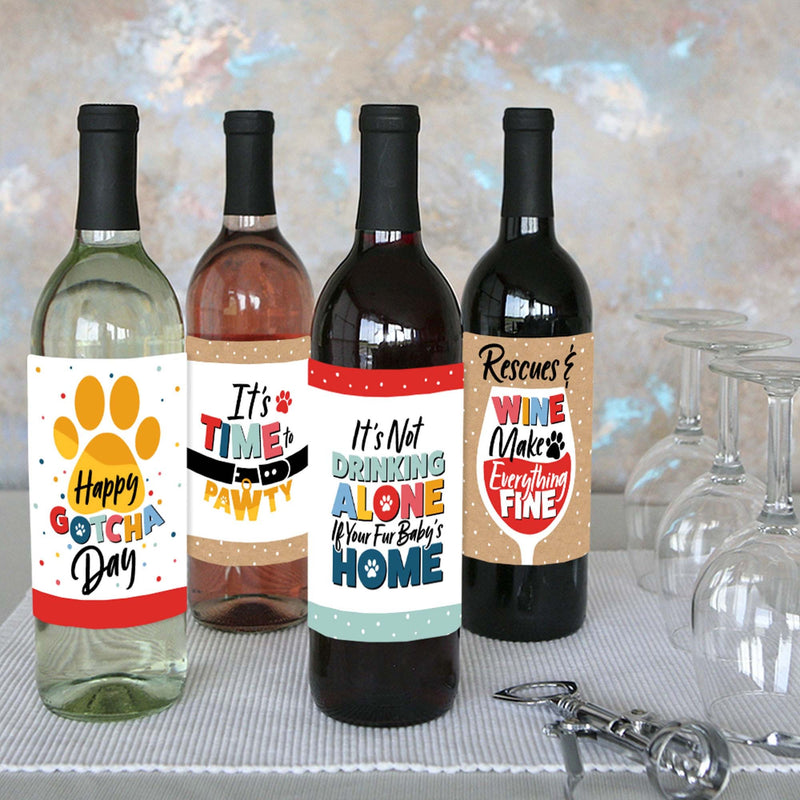 Happy Gotcha Day - Dog and Cat Pet Adoption Party Decorations for Women and Men - Wine Bottle Label Stickers - Set of 4