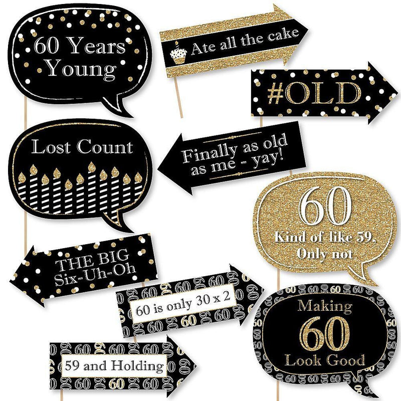 Funny Adult 60th Birthday - Gold - 10 Piece Birthday Party Photo Booth Props Kit