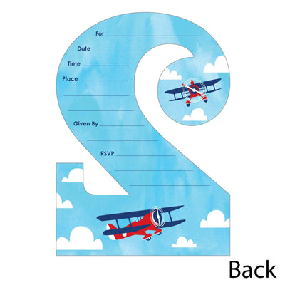 2nd Birthday Taking Flight - Airplane - Shaped Fill-In Invitations - Vintage Plane Second Birthday Party Invitation Cards with Envelopes - Set of 12