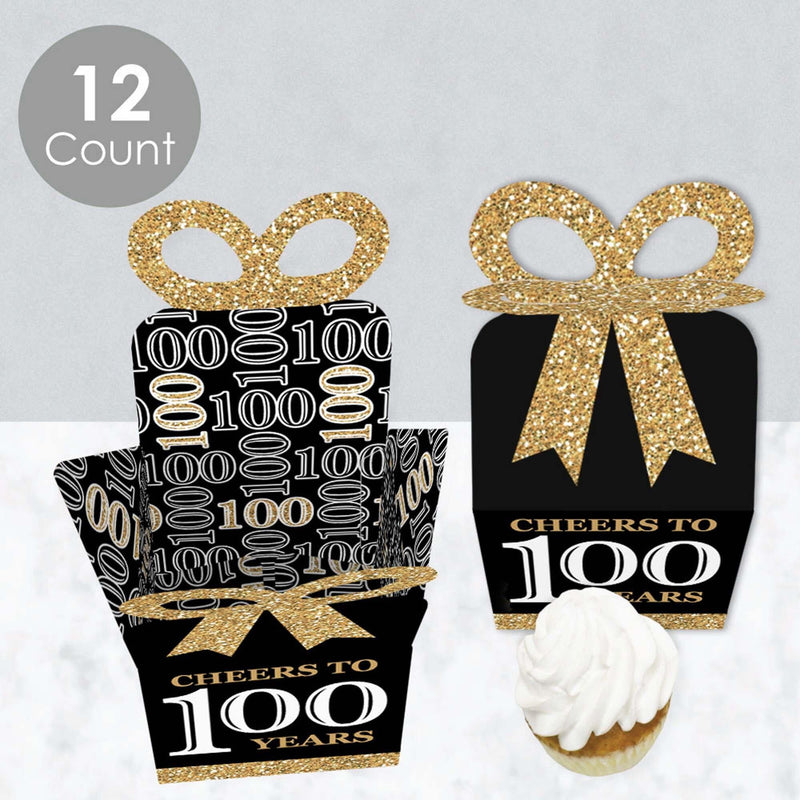 Adult 100th Birthday - Gold - Square Favor Gift Boxes - Birthday Party Bow Boxes - Set of 12