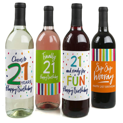21st Birthday - Cheerful Happy Birthday - Decorations for Women and Men - Wine Bottle Label Colorful Twenty-First Birthday Party Gift - Set of 4