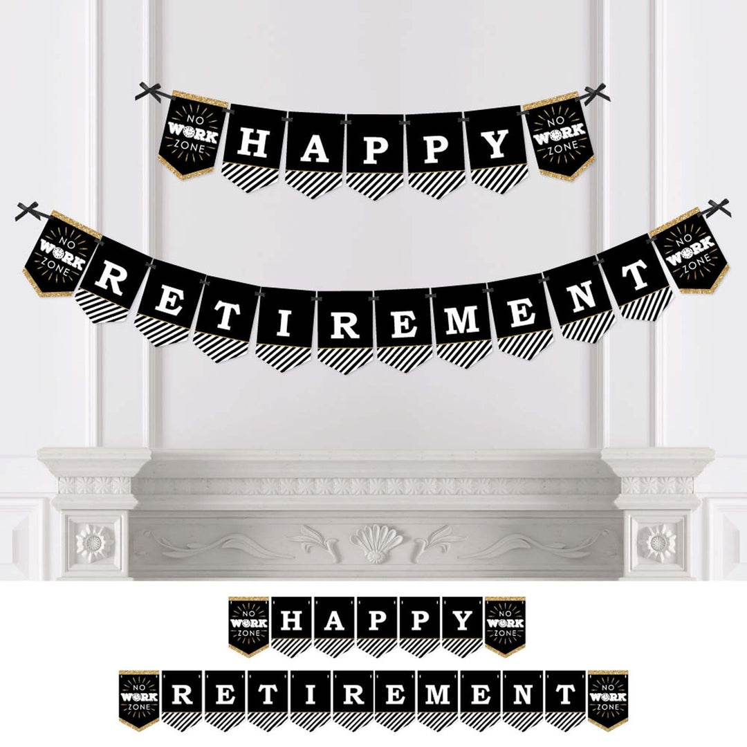 A bunting banner with the words 'HAPPY RETIREMENT' displayed in a Alternating black and gold colored pennants, attached to a ribbon for hanging.