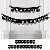 A bunting banner with the words 'HAPPY RETIREMENT' displayed in a Alternating black and gold colored pennants, attached to a ribbon for hanging.