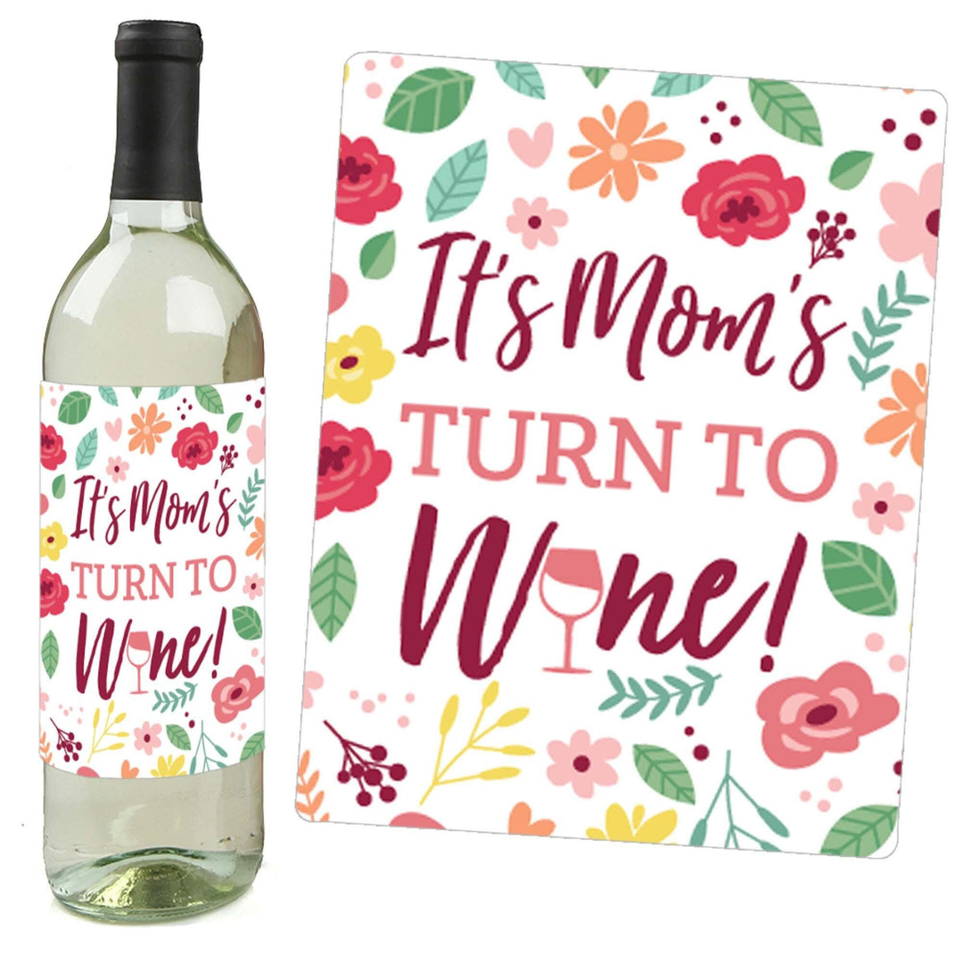 Colorful Floral Happy Mother's Day - We Love Mom Party Decorations for Women and Men - Wine Bottle Label Stickers - Set of 4
