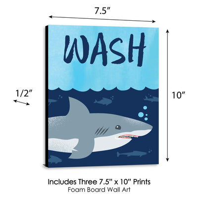 Shark Zone - Kids Bathroom Rules Wall Art - 7.5 x 10 inches - Set of 3 Signs - Wash, Brush, Flush