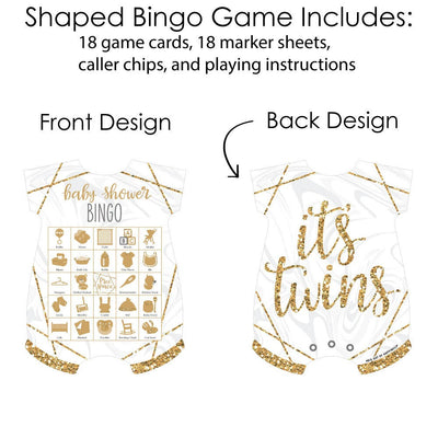 It's Twins - Picture Bingo Cards and Markers - Gold Twins Baby Shower Shaped Bingo Game - Set of 18