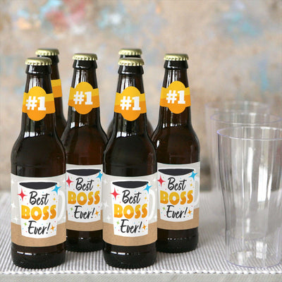 Happy Boss's Day - Best Boss Ever Decorations for Women and Men - 6 Beer Bottle Label Stickers and 1 Carrier