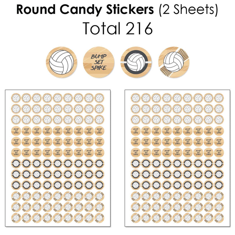 Bump, Set, Spike - Volleyball - Mini Candy Bar Wrappers, Round Candy Stickers and Circle Stickers - Baby Shower or Birthday Party Candy Favor Sticker Kit - 304 Pieces