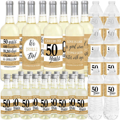 We Still Do - 50th Wedding Anniversary - Mini Wine Bottle Labels, Wine Bottle Labels and Water Bottle Labels - Anniversary Party Decorations - Beverage Bar Kit - 34 Pieces