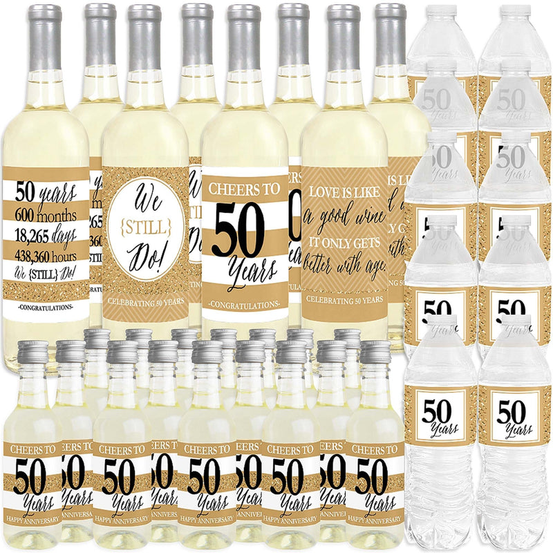 We Still Do - 50th Wedding Anniversary - Mini Wine Bottle Labels, Wine Bottle Labels and Water Bottle Labels - Anniversary Party Decorations - Beverage Bar Kit - 34 Pieces