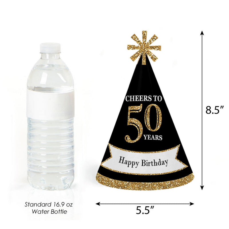 Adult 50th Birthday - Gold - Cone Birthday Party Hats for Adults - Set of 8 (Standard Size)