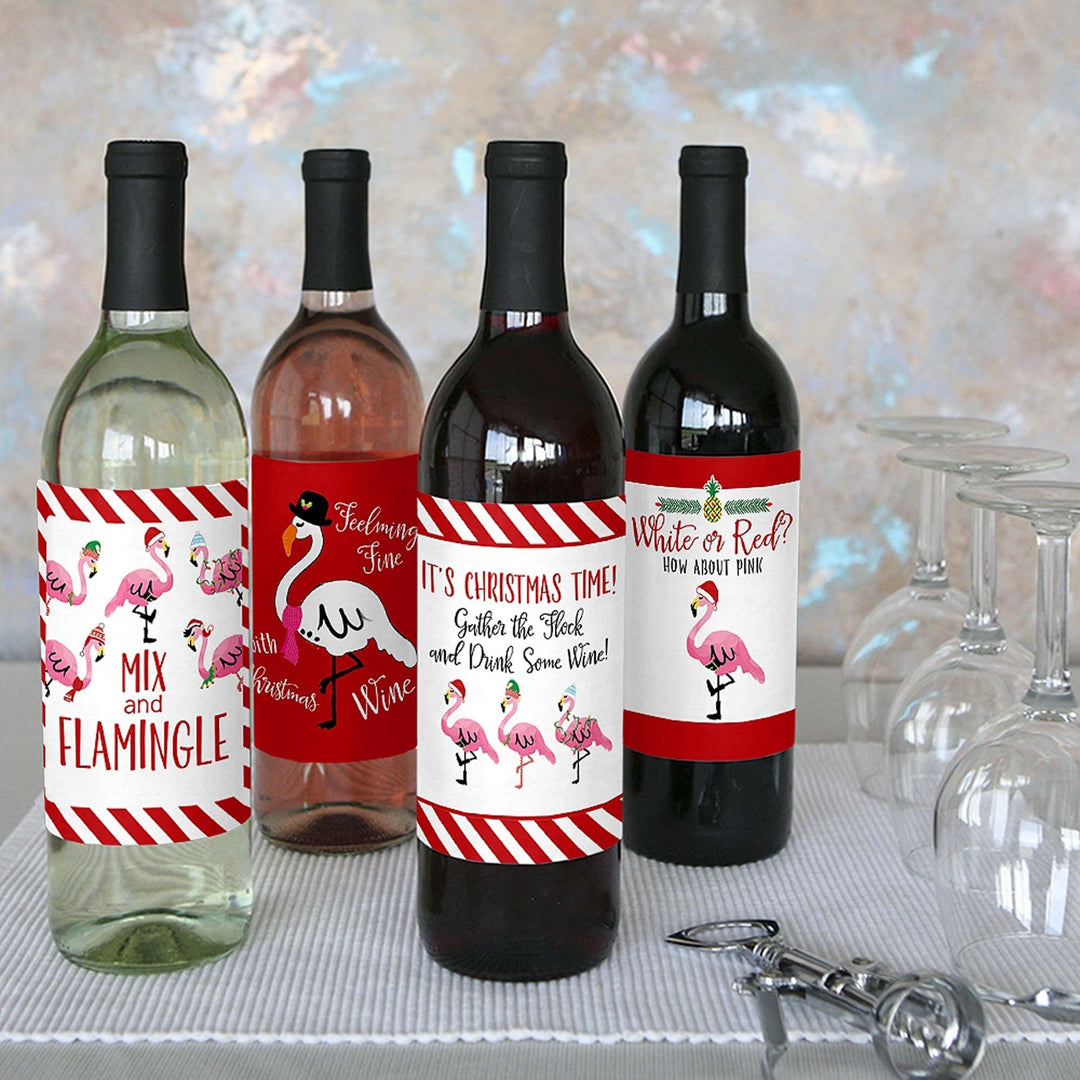Flamingle Bells - Tropical Flamingo Christmas Decorations for Women and Men - Wine Bottle Label Stickers - Set of 4