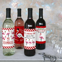 Flamingle Bells - Tropical Flamingo Christmas Decorations for Women and Men - Wine Bottle Label Stickers - Set of 4