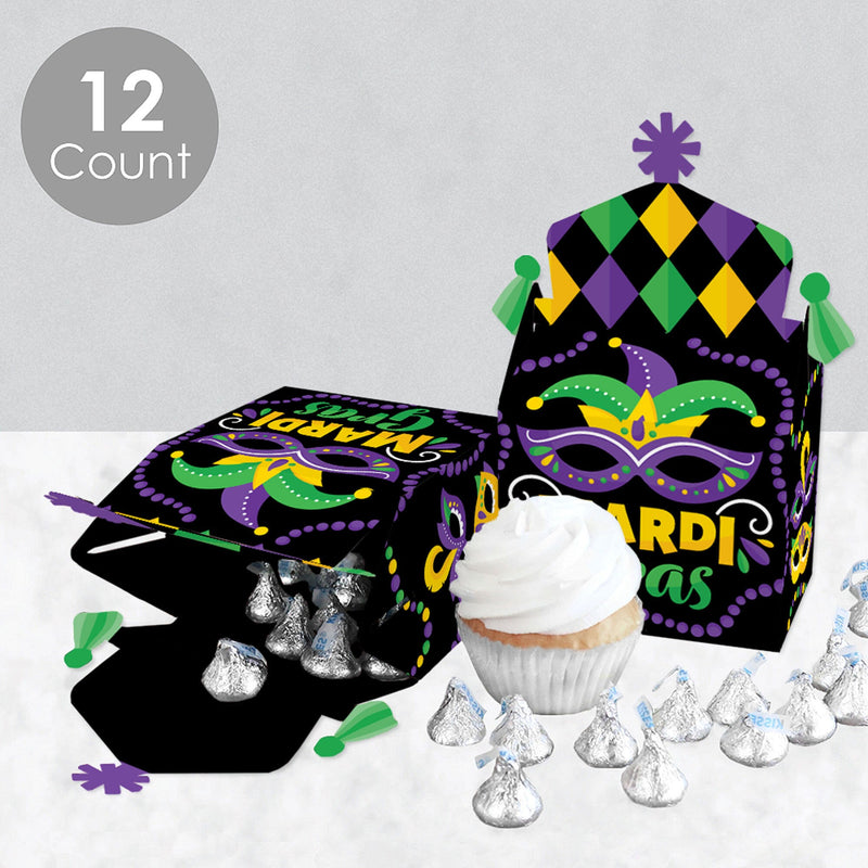 Colorful Mardi Gras Mask - Treat Box Party Favors - Masquerade Party Goodie Gable Boxes - Set of 12
