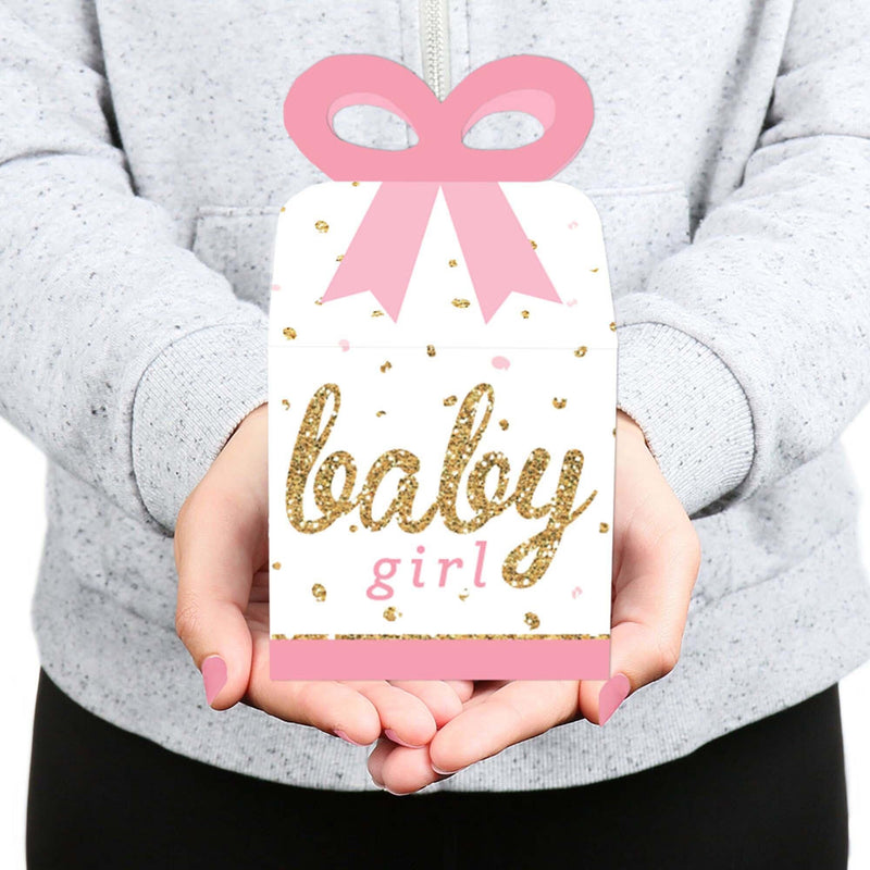 Hello Little One - Pink and Gold - Square Favor Gift Boxes - Girl Baby Shower Bow Boxes - Set of 12