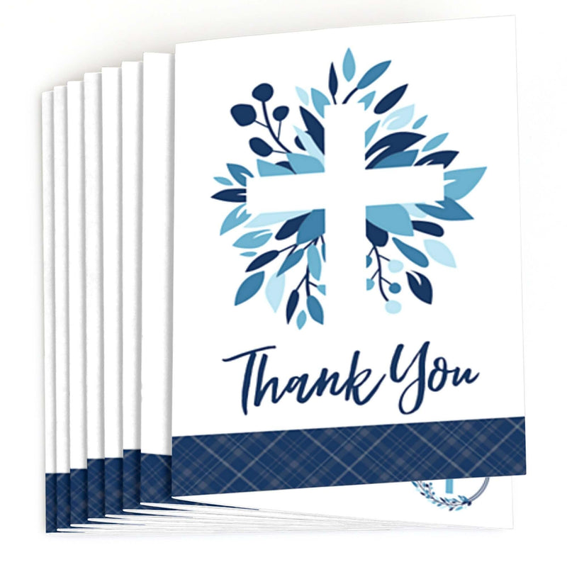 Blue Elegant Cross - Boy Religious Party Thank You Cards - 8 ct