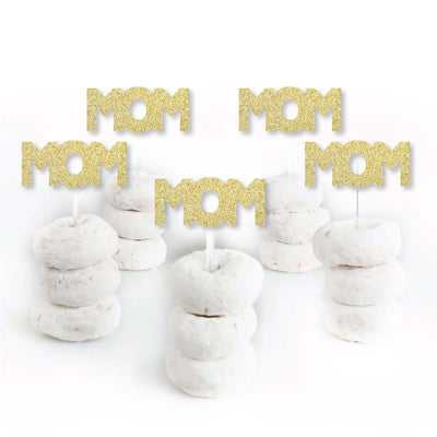 Gold Glitter Mom - No-Mess Real Gold Glitter Dessert Cupcake Toppers - Mother's Day Party Clear Treat Picks - Set of 24