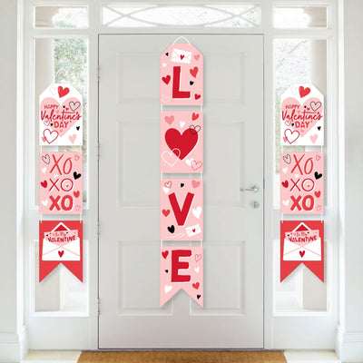 Happy Valentine's Day - Hanging Vertical Paper Door Banners - Valentine Hearts Party Wall Decoration Kit - Indoor Door Decor
