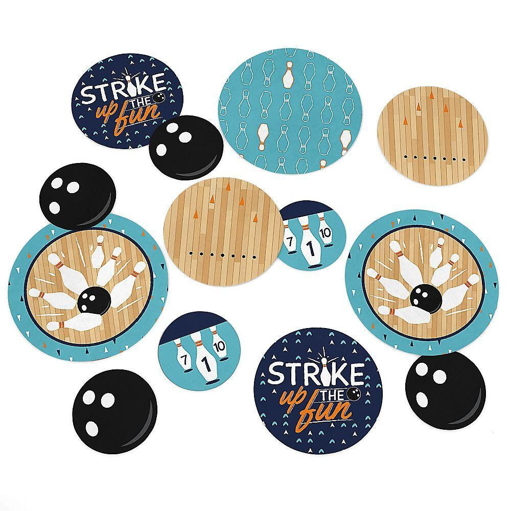 An assortment of circular confetti with a bowling theme, including designs like bowling pins, balls, and text that reads 'Strike up the fun'.
