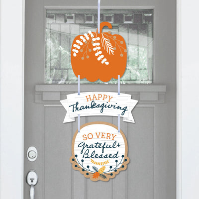 Happy Thanksgiving - Hanging Porch Fall Harvest Party Outdoor Decorations - Front Door Decor - 3 Piece Sign