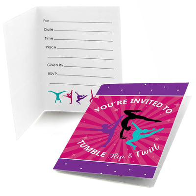 Tumble, Flip & Twirl - Gymnastics - Fill In Birthday Party or Gymnast Party Invitations - 8 ct