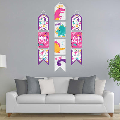 Roar Dinosaur Girl - Hanging Vertical Paper Door Banners - Dino Mite Trex Baby Shower or Birthday Party Wall Decoration Kit - Indoor Door Decor
