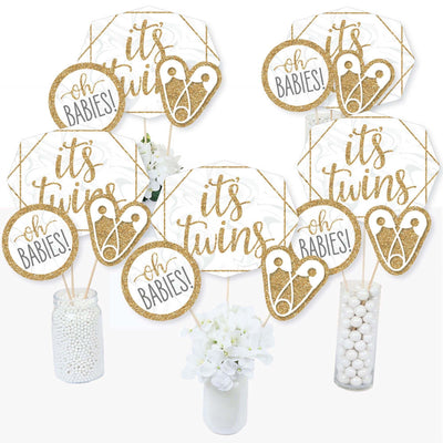 It's Twins - Gold Twins Baby Shower Centerpiece Sticks - Table Toppers - Set of 15