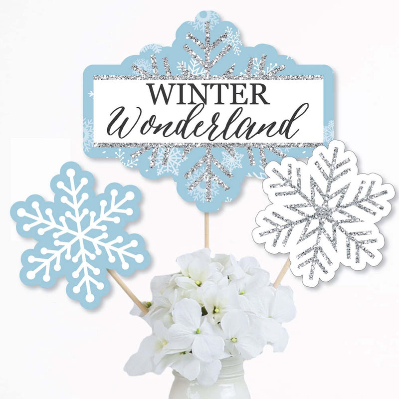 Winter Wonderland - Snowflake Holiday Party & Winter Wedding Party Centerpiece Sticks - Table Toppers - Set of 15