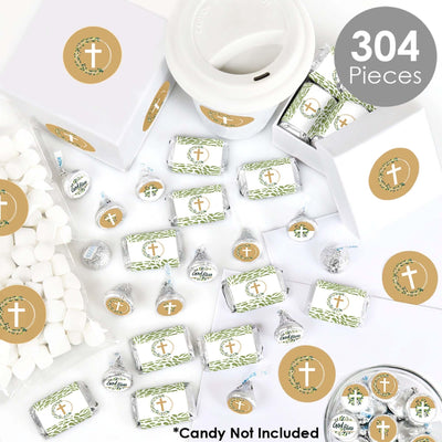 Elegant Cross - Mini Candy Bar Wrappers, Round Candy Stickers and Circle Stickers - Religious Party Candy Favor Sticker Kit - 304 Pieces