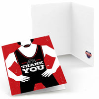 A folded thank you card with a wrestling theme, featuring a graphic of a wrestler in red and black with the text 'THANK YOU' on the front. The inside of the card is blank.